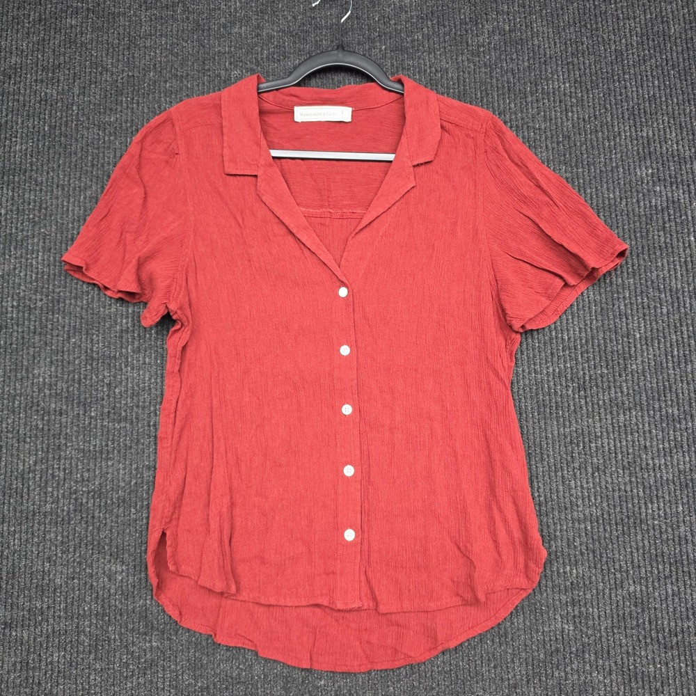 Abercrombie & Fitch Red Crinkle Short Sleeve Button Down Blouse Top Large